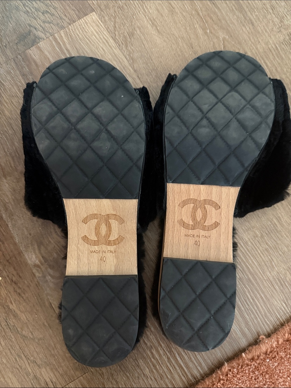 CHANEL Black Fur Slide Slippers with Gold Logo - Picture 3 of 3